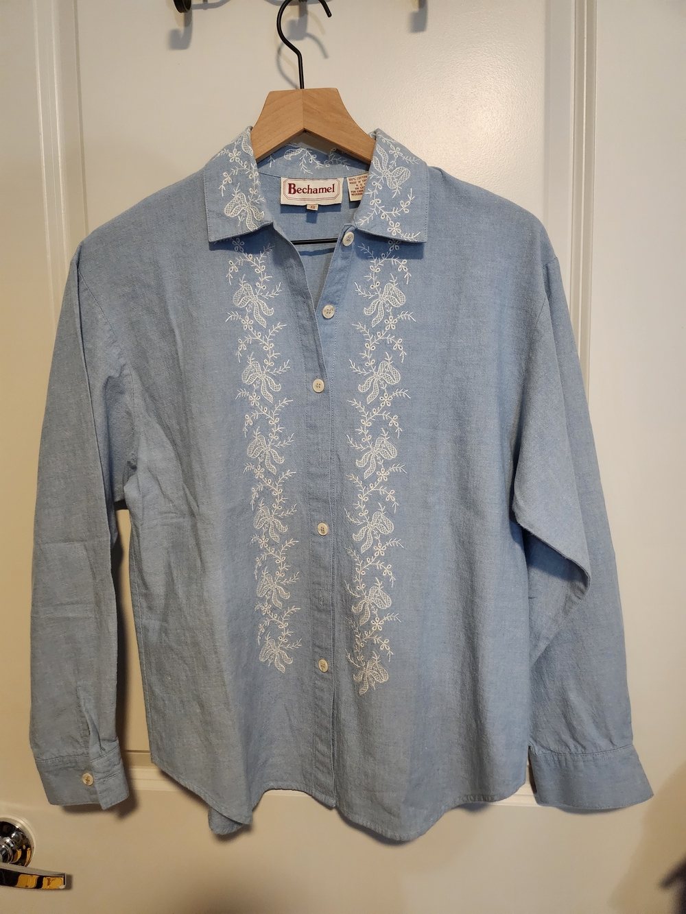 Bechamel Light Blue Button-Down Shirt with White Embroidery